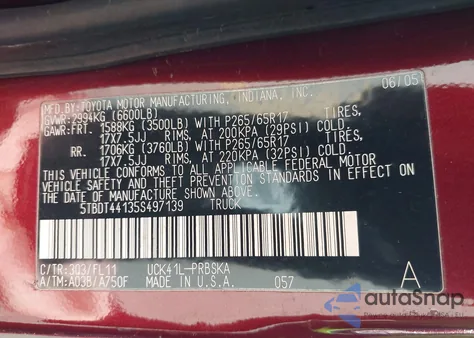2005 Toyota Tundra Sr5 V8 from USA, damaged, VIN 5TBDT44135S497139